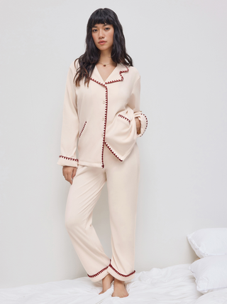 100% Cotton Collar Contrasting Binding Oversized Top & Mid Rise Solid Straight Leg Trousers Loungewear Set