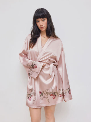 Satin V-neck Floral Robe With Belt