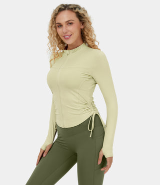 Stand Collar Full Zip Side Drawstring Thumb Hole Cropped Yoga Jacket