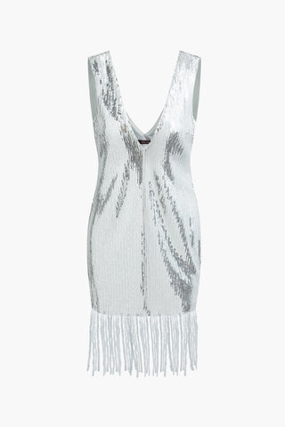 V-neck Sequin Fringe Hem Midi Dress