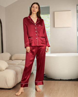 22 Momme Chic Trimmed Women Silk Pajamas Set (Claret / S)