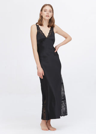 22 Momme Full Length Silk Lacy Nightgown (Black / XXL)