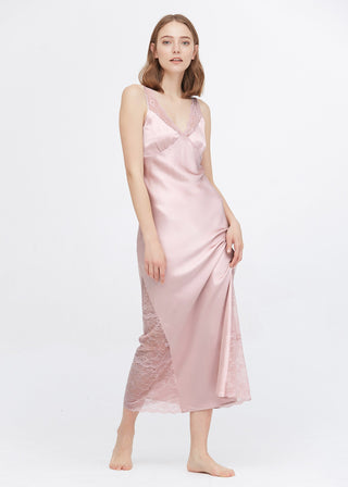 22 Momme Full Length Silk Lacy Nightgown (Rosy Pink / L)