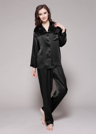 22 Momme Full Length Silk Women Pajamas Set (Black / S)