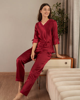 22 Momme Laced  Women Silk Pajama Set (Claret / XL)