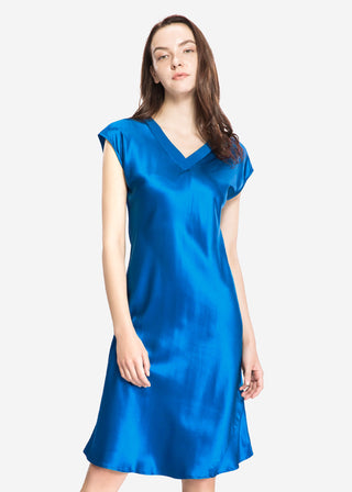 22 Momme Relaxed Fit Long Silk Nightgown for Women (Diamond Blue / XL)