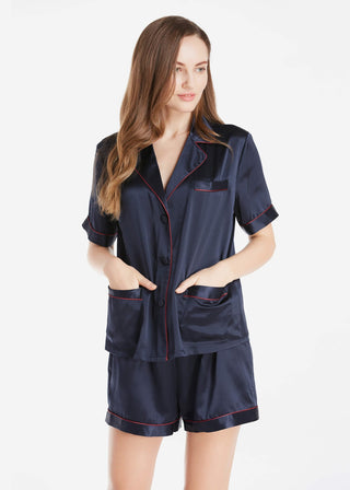 22 Momme Summer Women Silk Pajamas Set (Navy Blue / M)