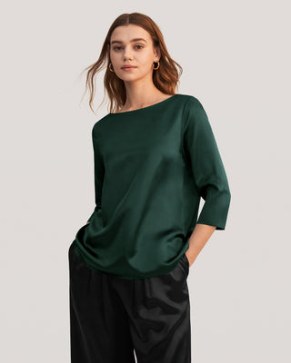 3/4 Sleeve Boat Neck Silk Blouse