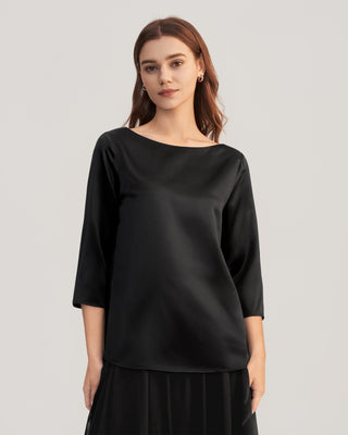 3/4 Sleeve Boat Neck Silk Blouse (Black / XXL)