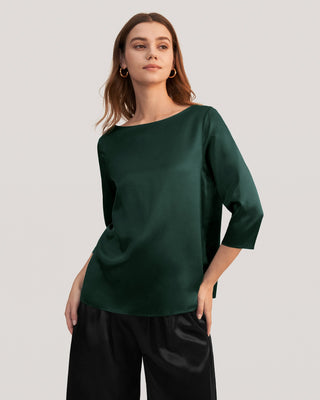 3/4 Sleeve Boat Neck Silk Blouse (Fir Green / XL)