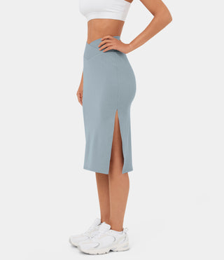 Ribbed Knit High Waisted Crossover Side Split Bodycon Midi Casual Skirt