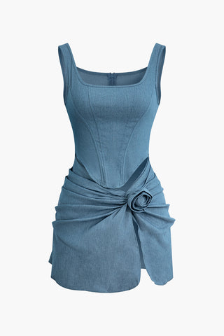 3D Flower Ruched Tank Denim Dress (XS / MID WASH BLUE)