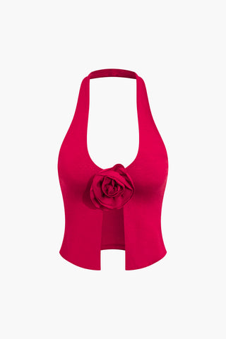 3D Flower V-neck Halter Top (S / CHILI)