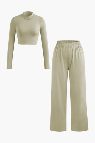 Solid Mock Neck Top And Elastic Waist Straight Leg Pants Set