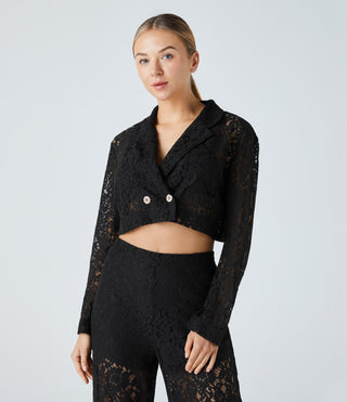 Lapel Collar Double Button Cropped Sheer Lace Casual Jacket