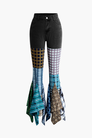 Patchwork Plaid Flare Leg Jeans