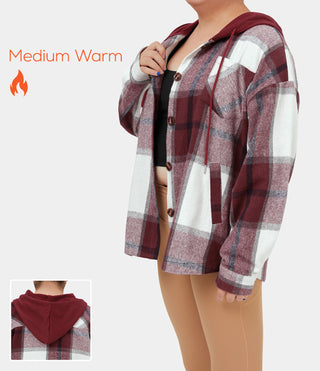 Hooded Drawstring Button Side Pocket Plaid Fleece Plus Size Casual Jacket