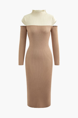 Mock Neck Contrast Cut Out Slit Knit Midi Dress