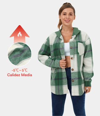 Hooded Drawstring Button Side Pocket Plaid Fleece Casual Jacket