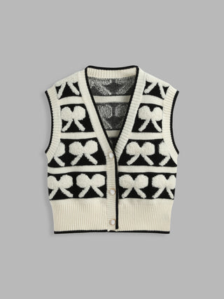 Contrast Binding Fleece Bowknot Pattern Knitted Vests Curve & Plus