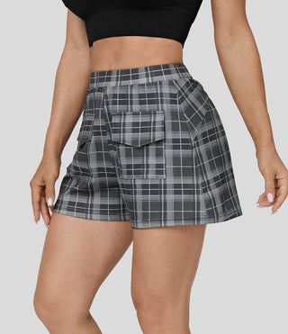 High Waisted Side Flap Pocket Plaid Casual Shorts 3''