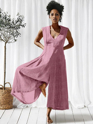 Lace-Paneled Linen Jumpsuit