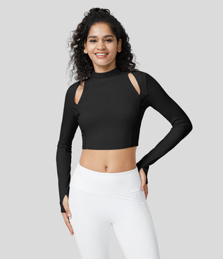 Softlyzero™ Airy Stand Collar Cut Out Thumb Hole Cool Touch Cropped Yoga Sports Top-UPF50+