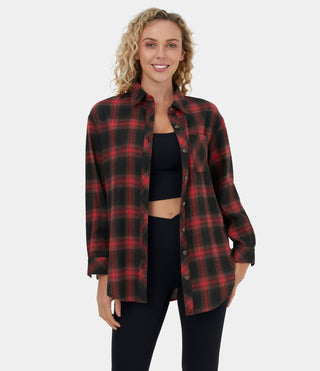 Collared Button Pocket Curved Hem Plaid Casual Cotton Jacket