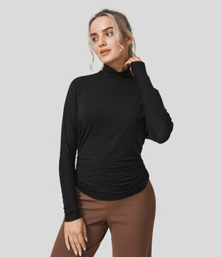 Turtleneck Batwing Sleeve Ruched Casual Top