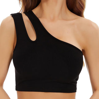 Women Sexy Cut Out One Shoulder Crop Tank Top Ribbed Sleeveless Casual