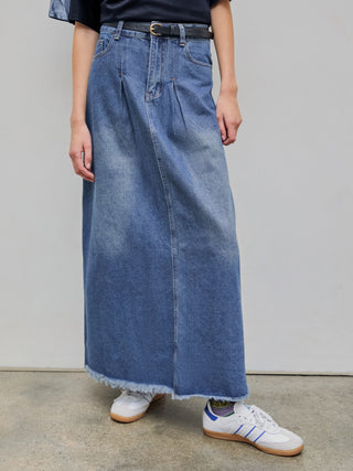 Denim High Waist Pleated Belted Maxi Skirt