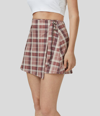 High Waisted Adjustable Buckle Plaid Wrapped A Line Mini Casual Skirt