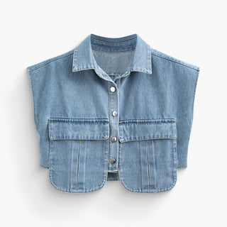 Asymmetric Button Up Flap Pocket Crop Denim Vest