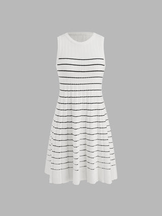 Round Neckline Stripe Pleated Knitted Sleeveless Mini Dress