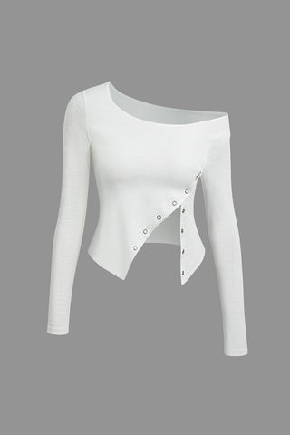 Asymmetrical Snap Button One Shoulder Long Sleeve Top