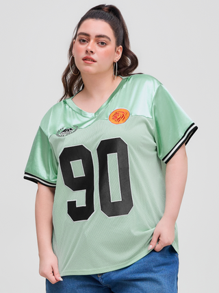 90 Satin V-neck Graphic Short Sleeve Oversized Tee Curve & Plus