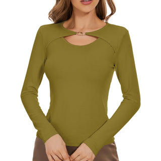 KICZOY Women Top Basic Long Sleeve Cut Out Slim Fit T Shirt Tops Green