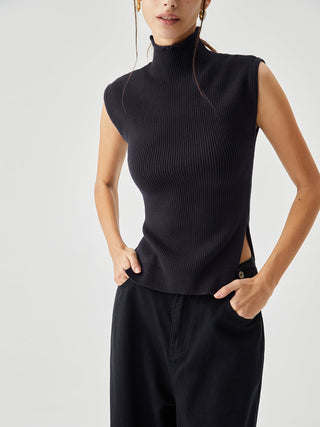 Sleeveless Mock Neck Slit Ribbed Knit Sweater