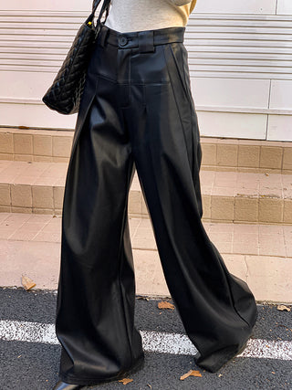 Middle Waist Faux Feather Pleated Wide Leg Pants