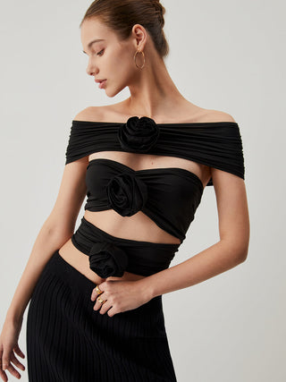 Rose Decor Ruched Cut Out Off Shoulder Top