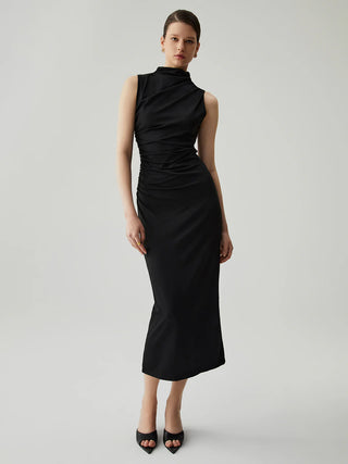 Mock Neck Sleeveless Split Ruched Long Dress