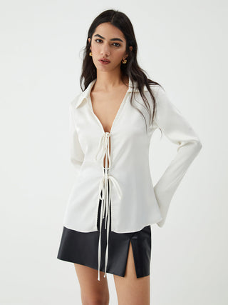 Tie Up V-Neck Long Sleeve Blouse