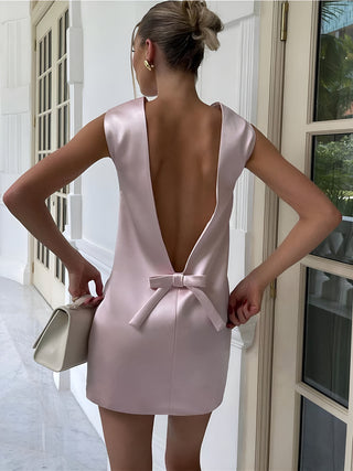 Satin Backless Bow Detail Short Dress