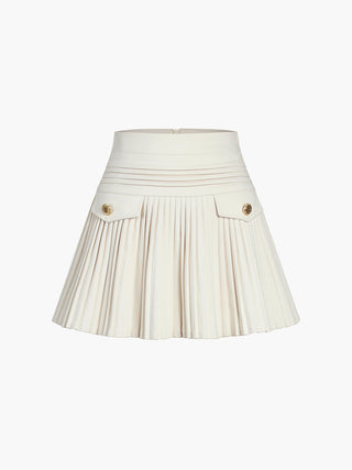 Golden Button Pleated Short Skirt