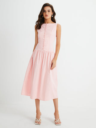 Multi-Button Sleeveless Pleated Midi Dress