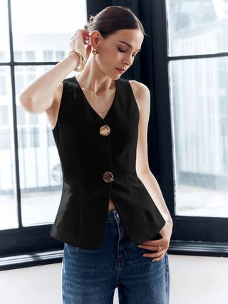 Cotton & Linen Metal Button Solid Vest