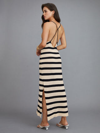 Stripe Halter V Neck Split Midi Dress