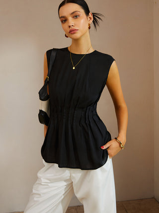 Casual Sleeveless Pleated Button Back Blouse