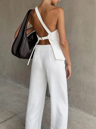 Asymmetrical Backless Tie-Back Pants Set