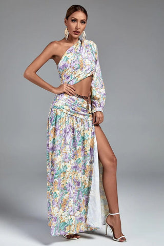 Camila One Shoulder Floral Slit Maxi Dress  Purple